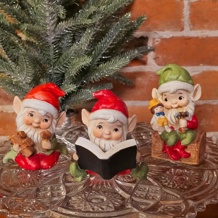 Set of 3 Homco Christmas Elves Vintage 5406 Elf Figurines Made in Taiwan Toymaker Workshop Pixies
