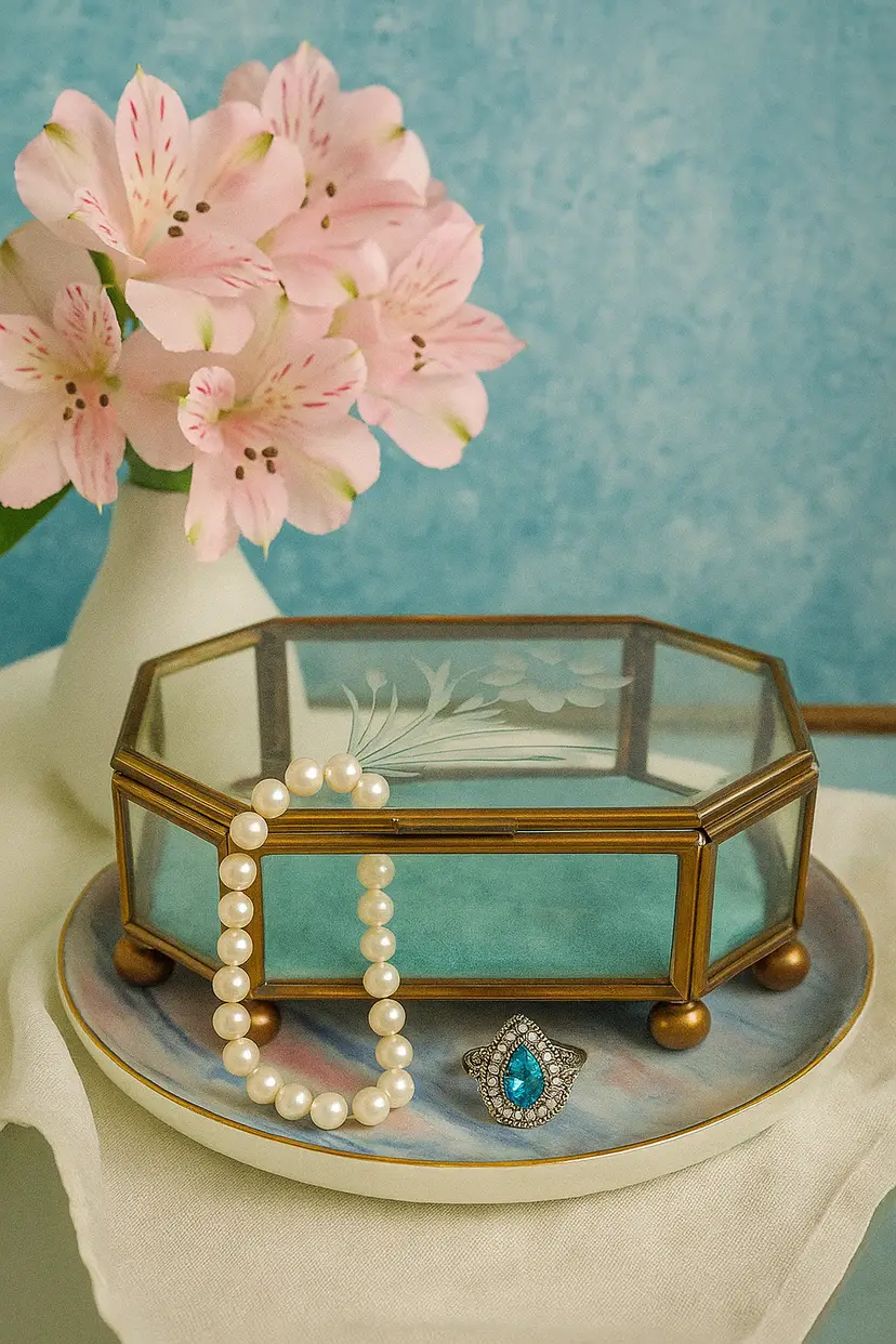 Vintage Etched Flower Glass Jewelry Trinket Box