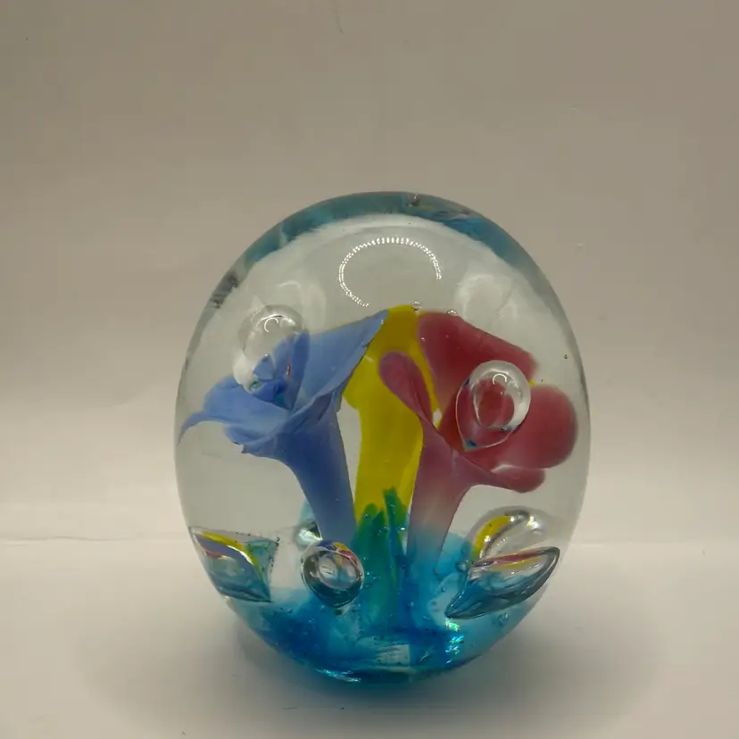 St. Clair Colorful Trumpet Flower Art Glass Paperweight 2.5”