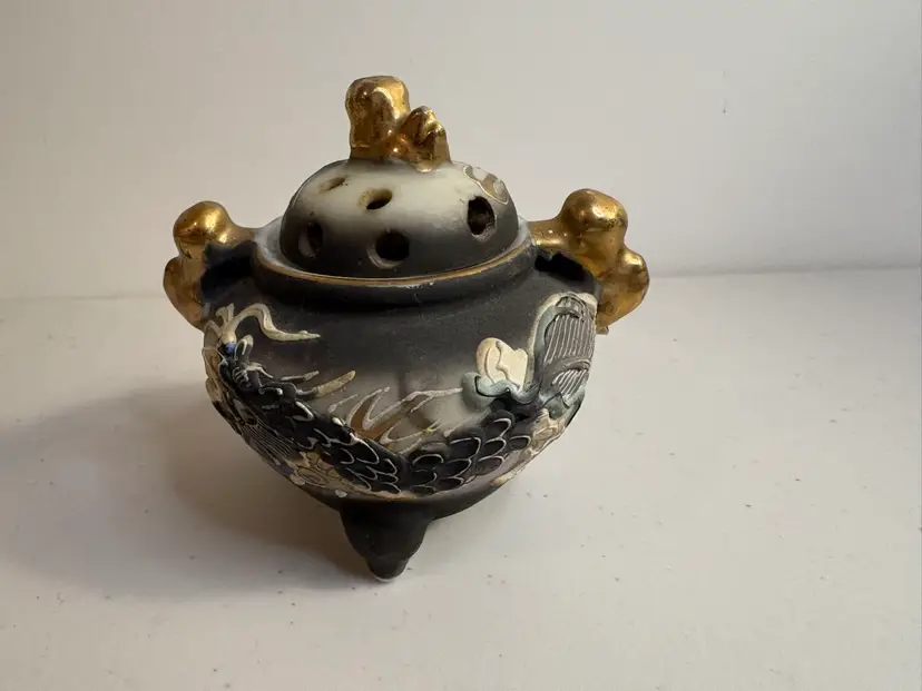 Vintage Dragonware Made in Japan Miniature Incense Burner Pot Moriage Dogs