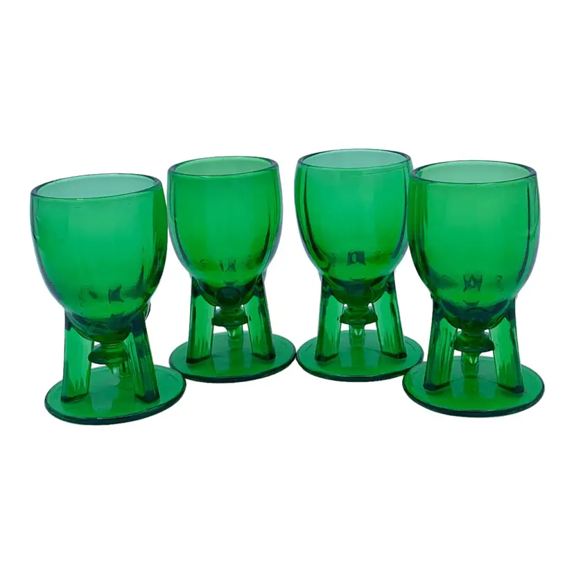 New Martinsville Glasses 4 Evergreen Moondrop Rocket Ship Uranium Art Deco 3.5”