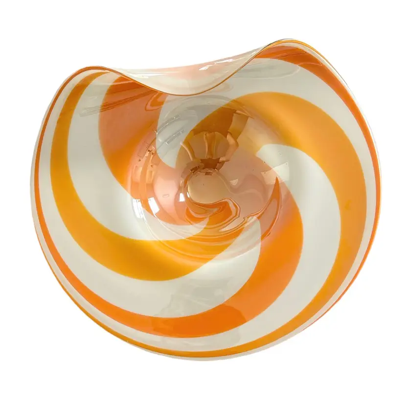 Large Hand Blown Orange and White Swirled Decorative Glass Dish with Folded Lip