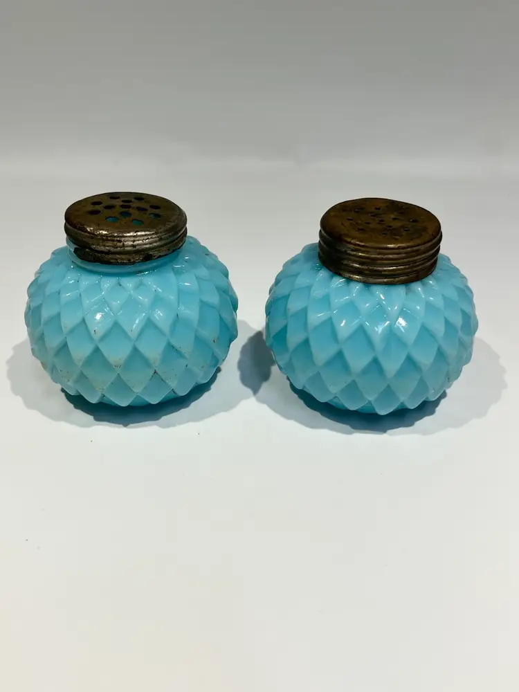 Blue Opaline Glass Salt & Pepper- Antique- Possibly By Challinor & Taylor- 2.5” Wide, 2” Tall