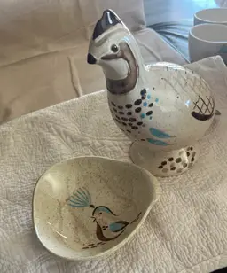 Red Wing Pottery Bob White Quail Hors D'oeuvres Appetizer Server And One Red Wing Bob White Lug Handle Dipping Sauce Bowl 