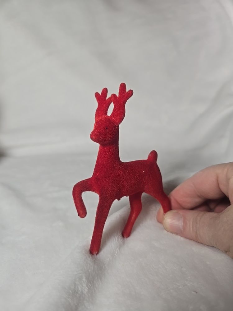 Vintage Mid-Century Reindeer Ornaments – Cream Plastic & Red Flocked (Set of 2)