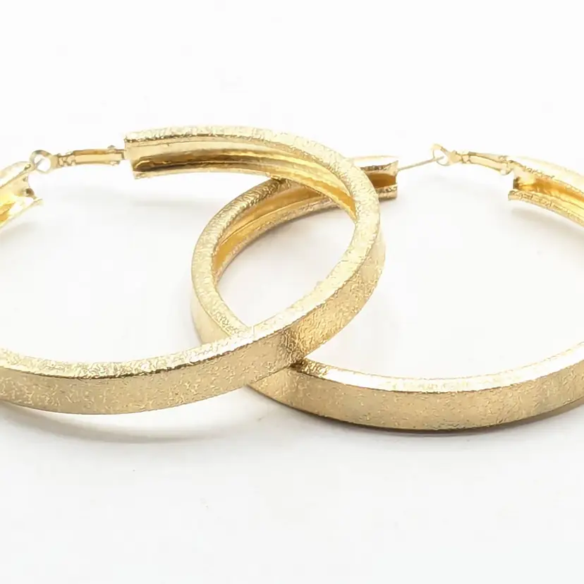 Gold Tone Textured LARGE Pierced Hoop Earrings