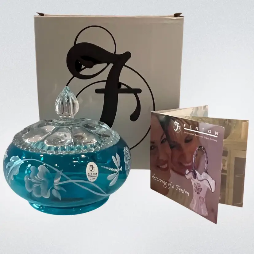 Fenton Art Glass Covered Candy Dish Hand-Painted Enamel Dragonflies & FlowersArtist-Signed  By A.Deem  "Family Signature" by Randy Fenton Bill Fentons Son