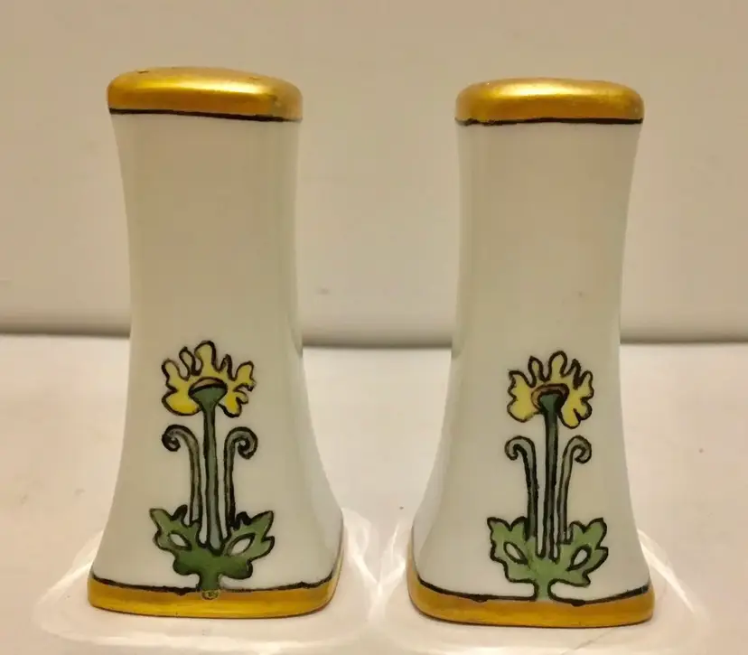 Vtg Art Deco Salt & Pepper Shakers White Porcelain W/ Gold Trim & Yellow flowers
