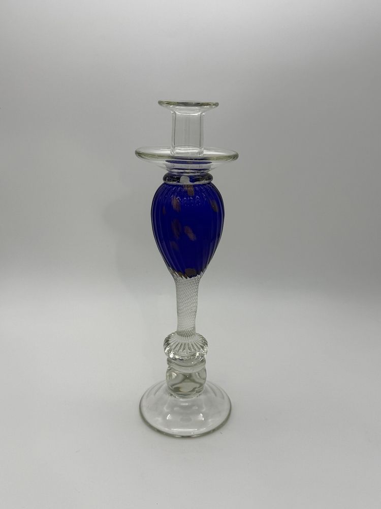 Vincenzo Nason Murano Handblown Art Glass Candlestick Holder Blue Aventurine 13”
