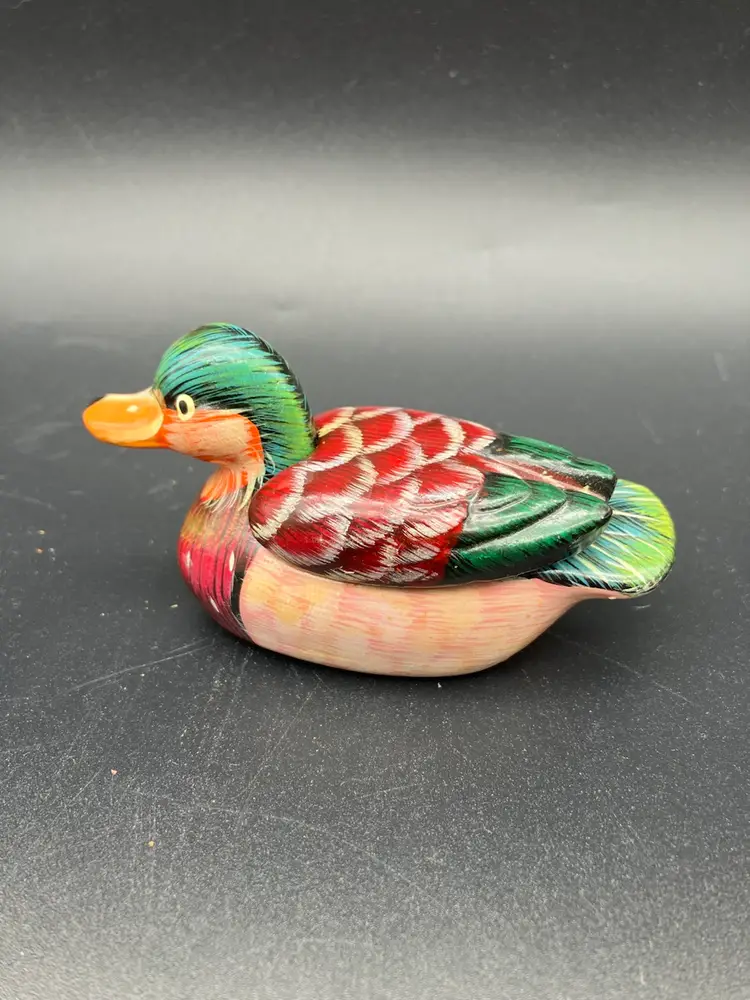 BIN - Painted Ceramic Duck Figurine And Trinket Box - 3.75”