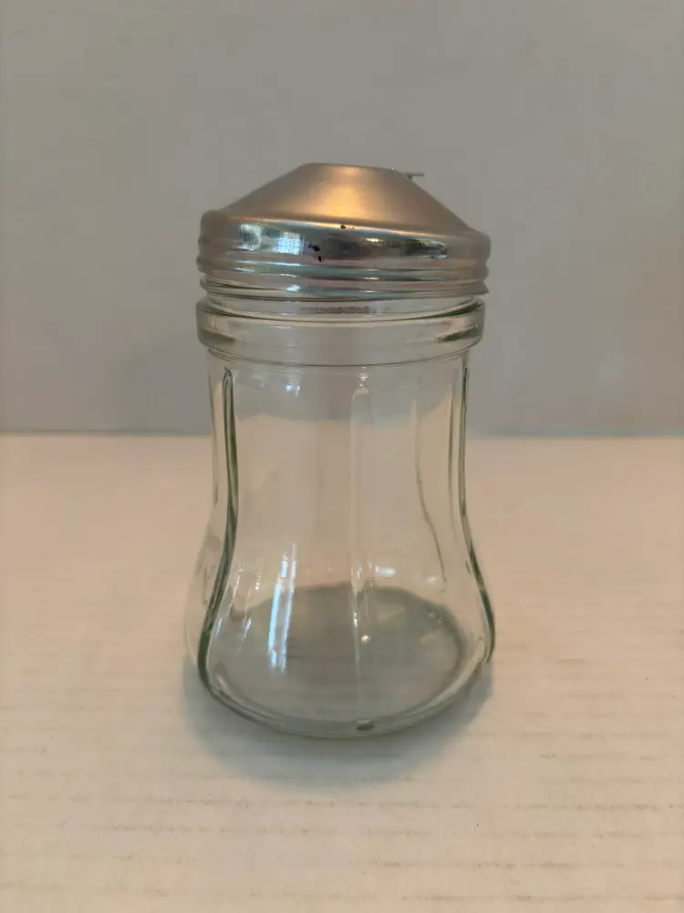 Vintage Maywood Glass CO. Clear Glass Sugar Shaker Metal Lid #2715 5 inches Tall