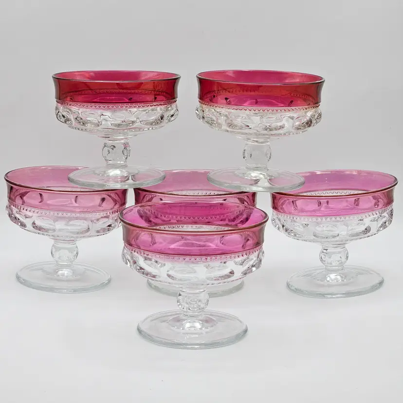Tiffin Franciscan King's Crown Cranberry Champagne Glasses Sherbet Dishes Set 6