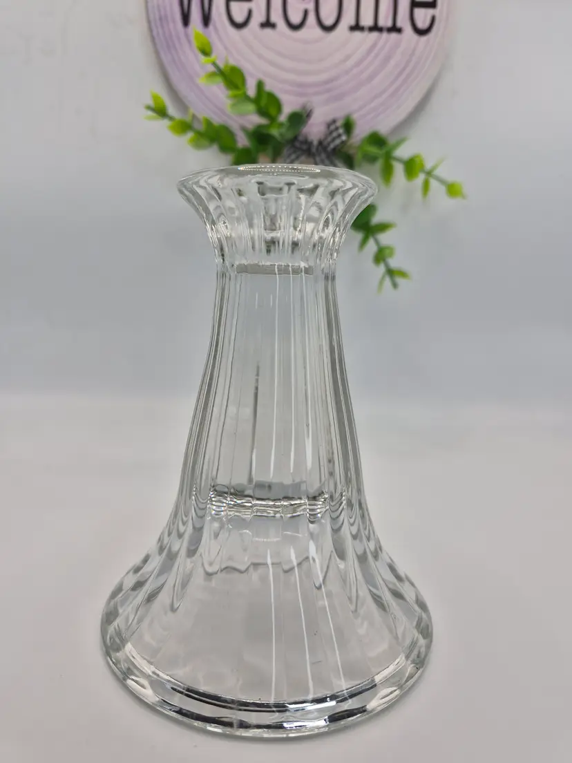 Vintage Clear Ribbed Heavy Glass Candle/Paperweight  Holder 4.5"