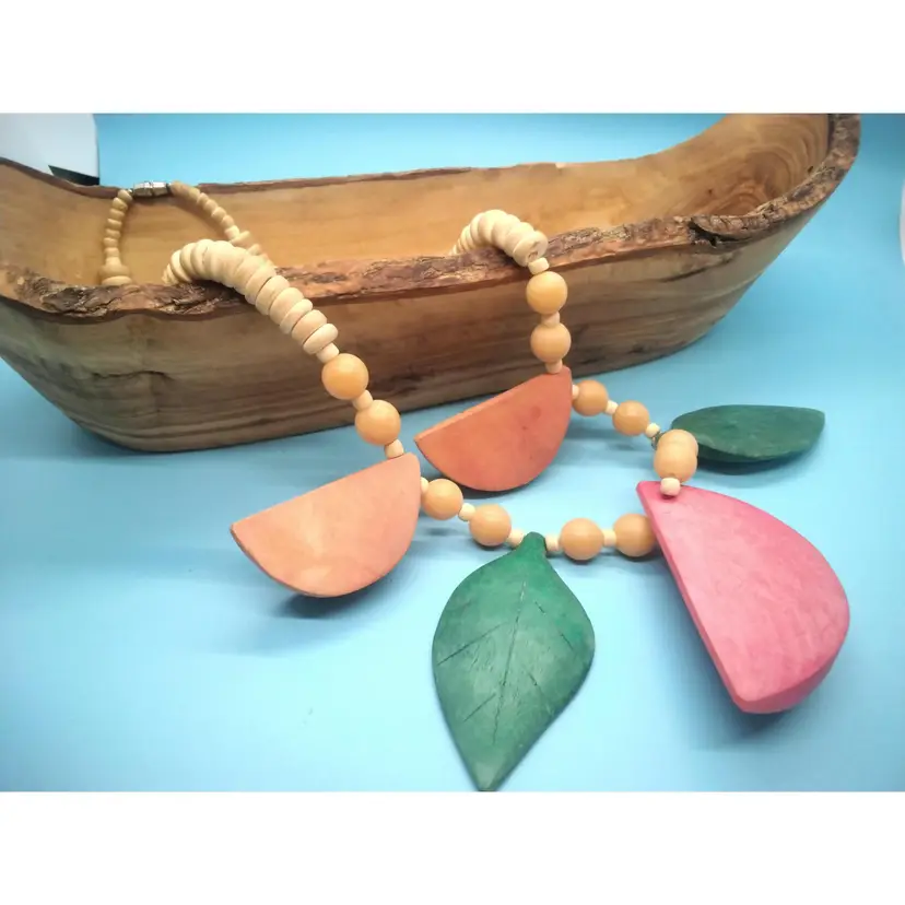 Olive Wood Live Edge Handcrafted Bread Bowl And 12 Inch Long Wood Fruit Necklace