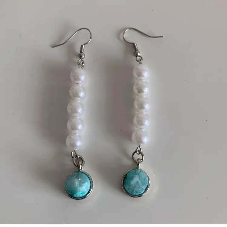 1990’s Aqua Druzy Agate Dangle Earrings With Pearl Beads