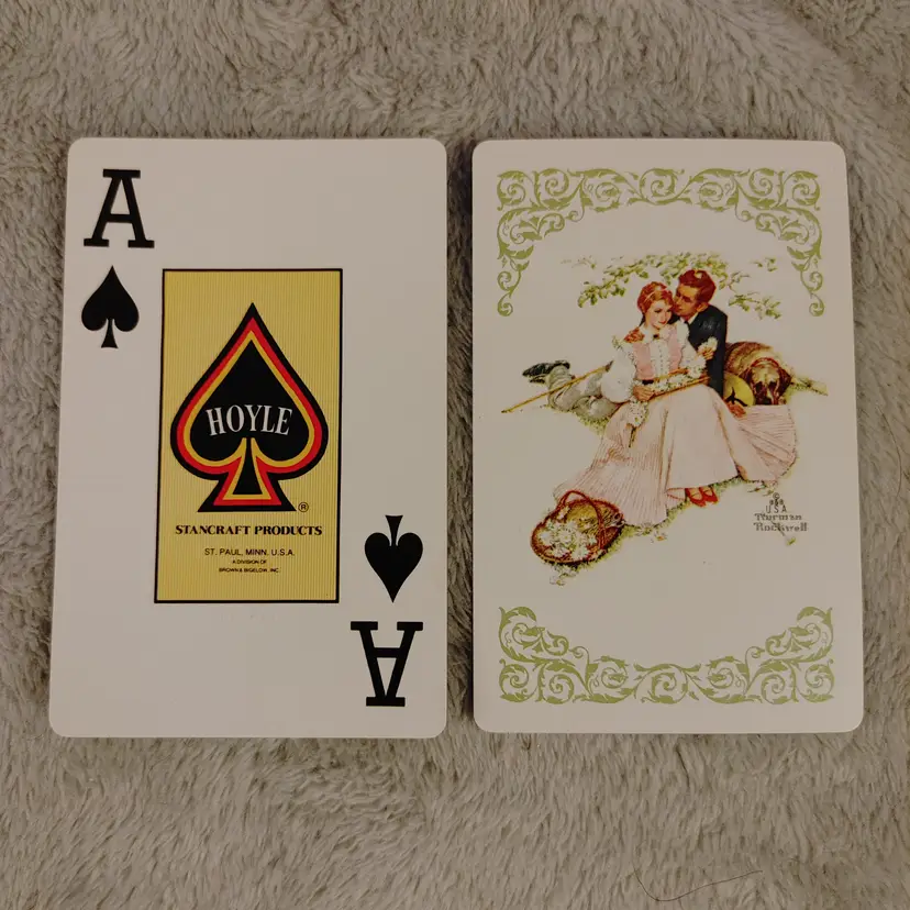 1 Single Swap Card - Playing Card. Norman Rockwell artwork- Flowers in Tender Bloom. Green border. Hoyle Products. Made in MN. Ace of Spades. Dimension 2.5 x 3.5. Read description.