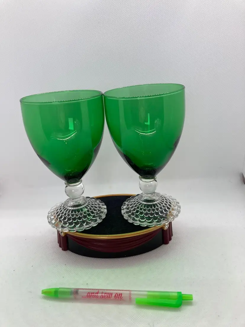 Pair of Vintage Anchor Hocking Forest Green Bubble Foot Glasses