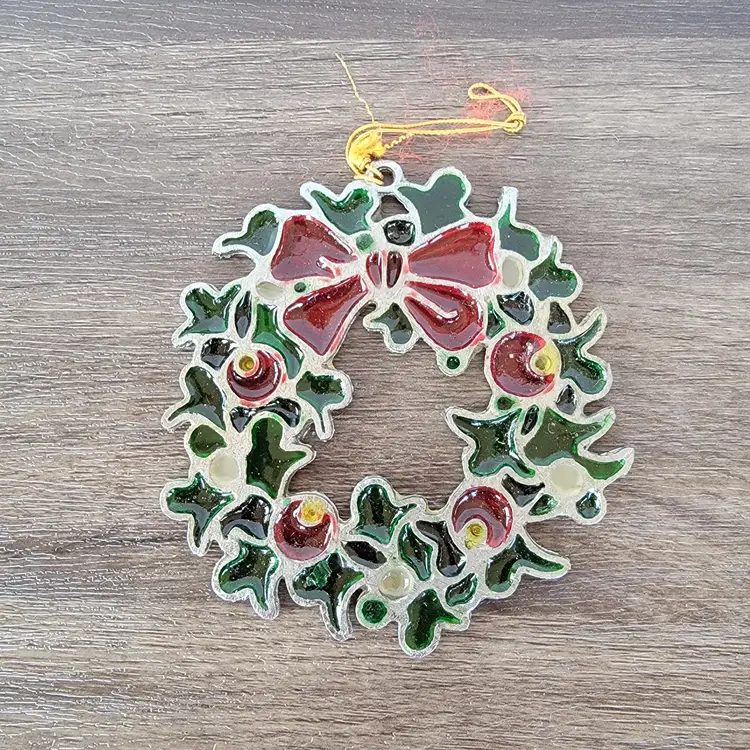 Kurt Adler Stained Glass Holly Berry Christmas Wreath Ornament Suncatcher