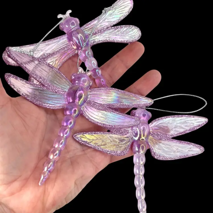 Purple 💜 Iridescent Sparkly Plastic Dragonflies Hanging Ornaments. Set Of 3 Lavender Lovelies.