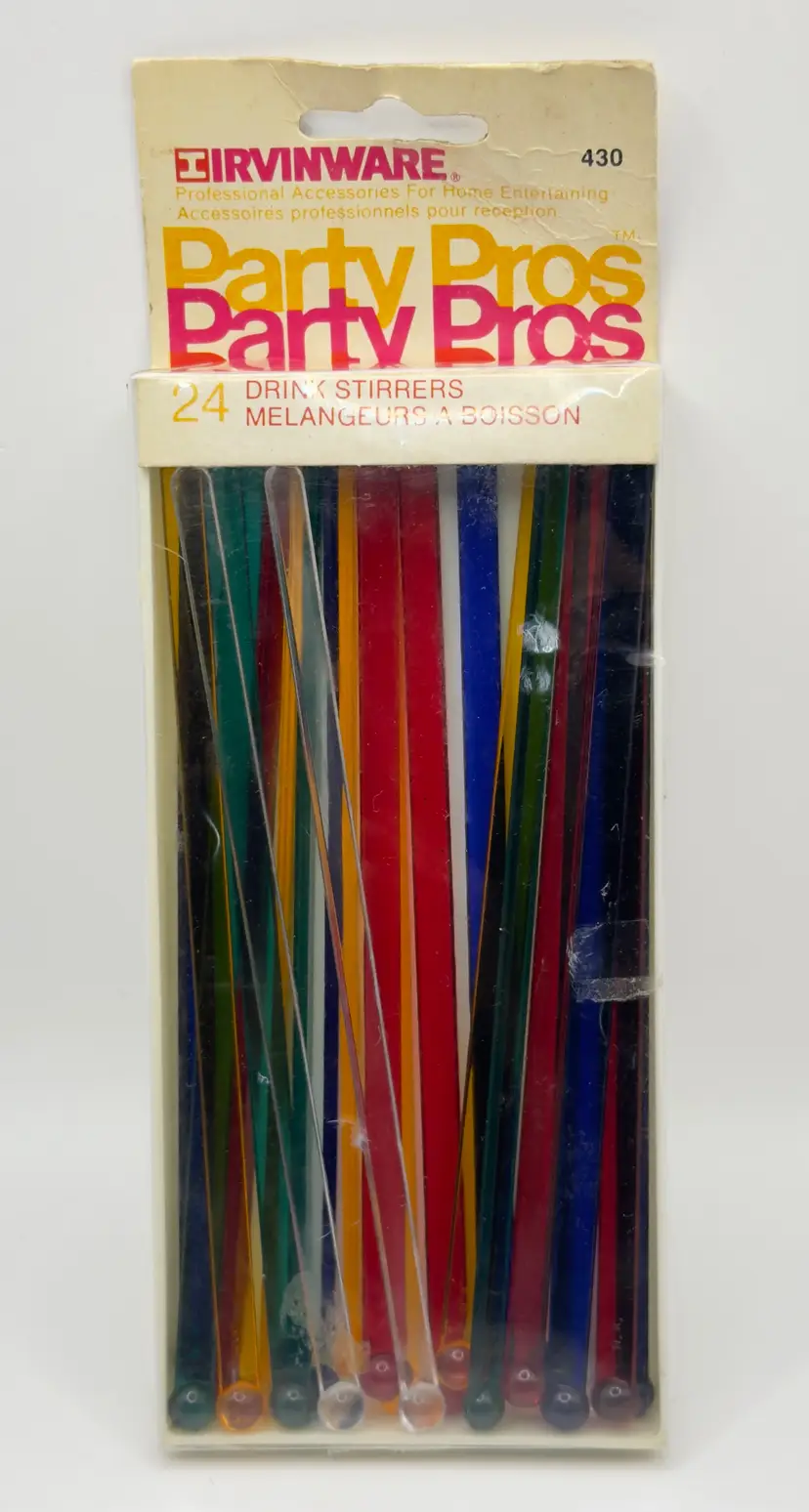 Vintage 1980’s Irvinware Towle Party Pros 24 Plastic Drink Stirrers, Colorful Swizzle Sticks Retro Barware, By Irvinware, Made in Hong Kong, MPN 430