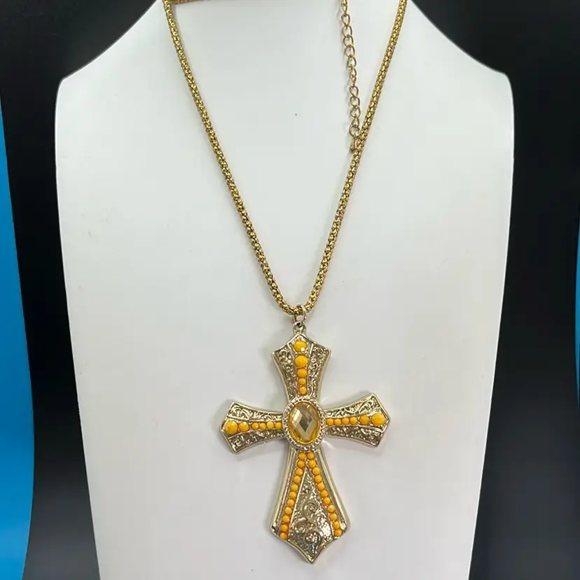 Beautiful Yellow And Gold Tone Cross Necklace, Popcorn Chain 28” Long