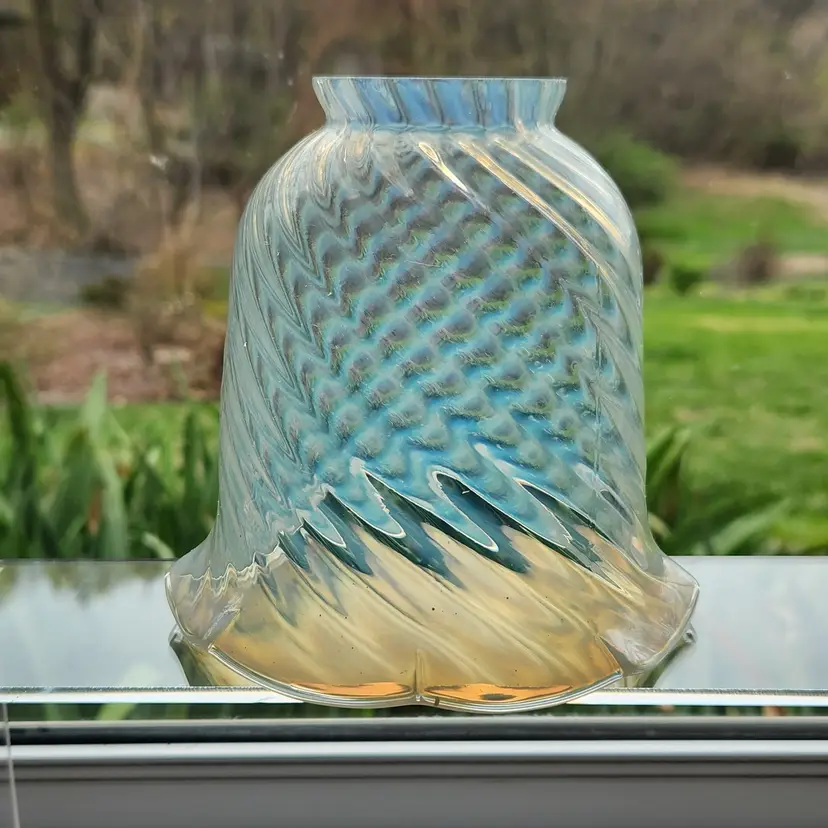 Antique Fenton Glass Fluted Lamp Shade Spiral Optic Vaseline Opalescent Swirl Glows