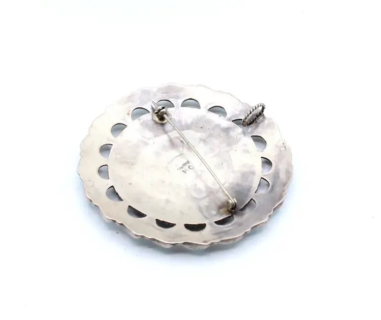 Navajo Dine' MC signed sterling silver petit point turquoise round brooch 25.10g