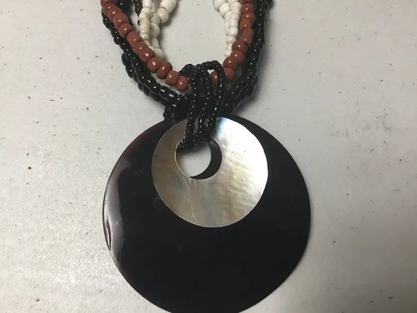 Necklace, 6-strand black brown white seed beads, double pendant, MOP/black glass