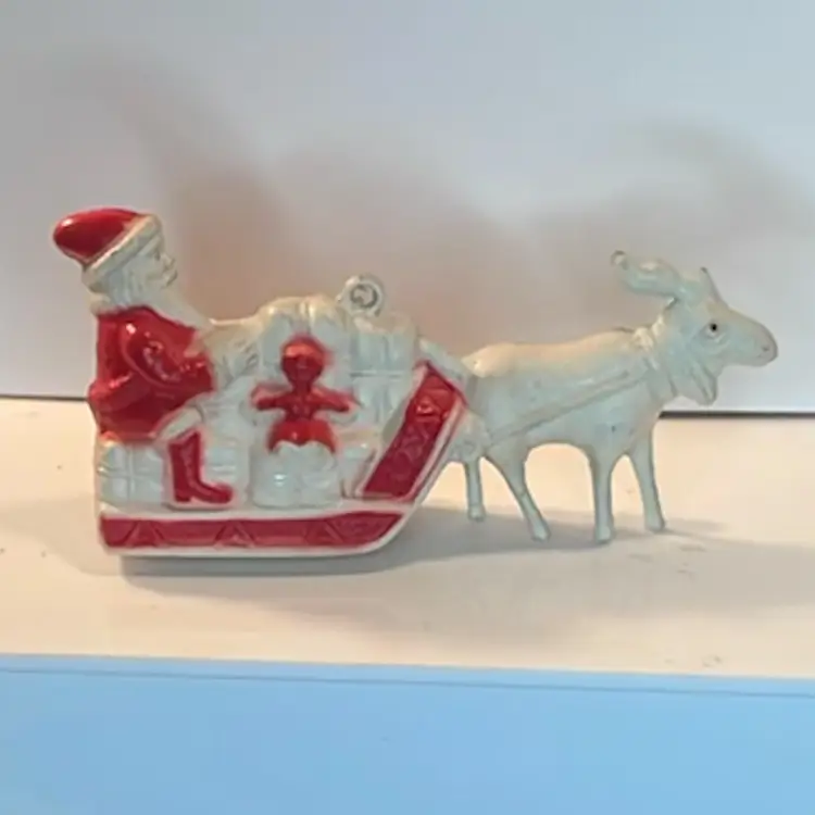 Vintage Plastic Santa, Sleigh And Reindeer