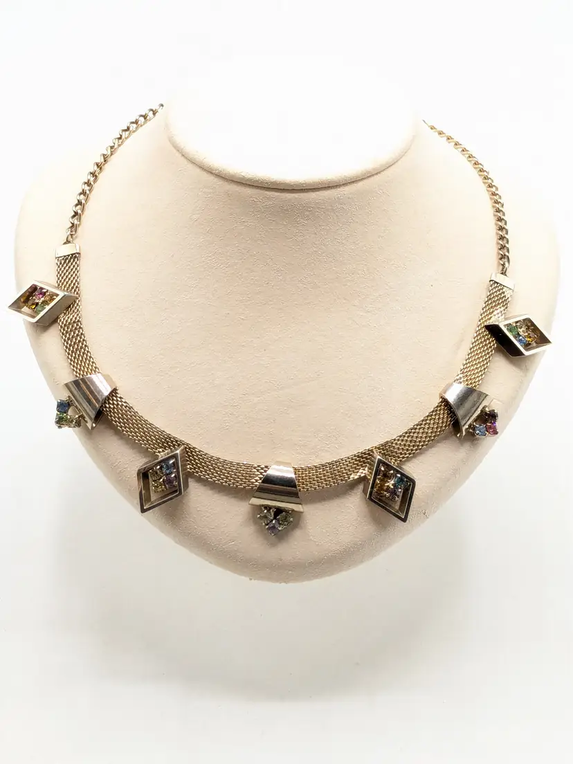 Vintage Gold Tone Mesh Necklace with Multi-Color Rhinestones