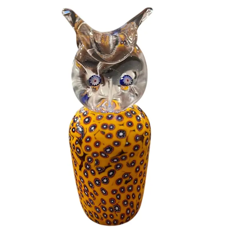 Vintage Italian Art Glass Millefiore Owl 🦉 Paperweight Handblown Cane Latticino Italy