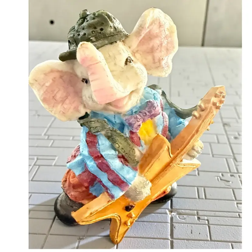Resin Guitar Playing Elephant Trunk Up 3.75” X 4”
