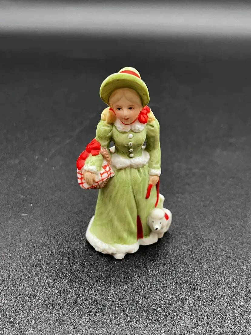 1986 Mini Ceramic Lefton Female Holiday Shopper In Green Dress 2.75"