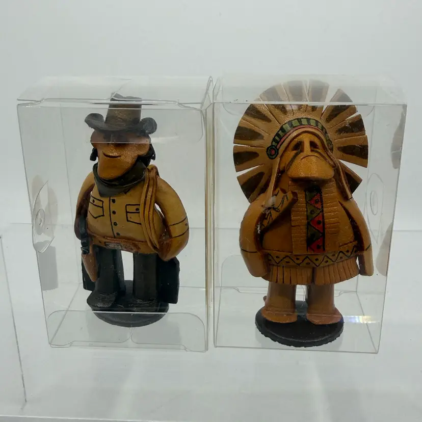 2 New Vanca “western Collection” Handmade 3D Leather Figurines Cowboy & Indian Japan
