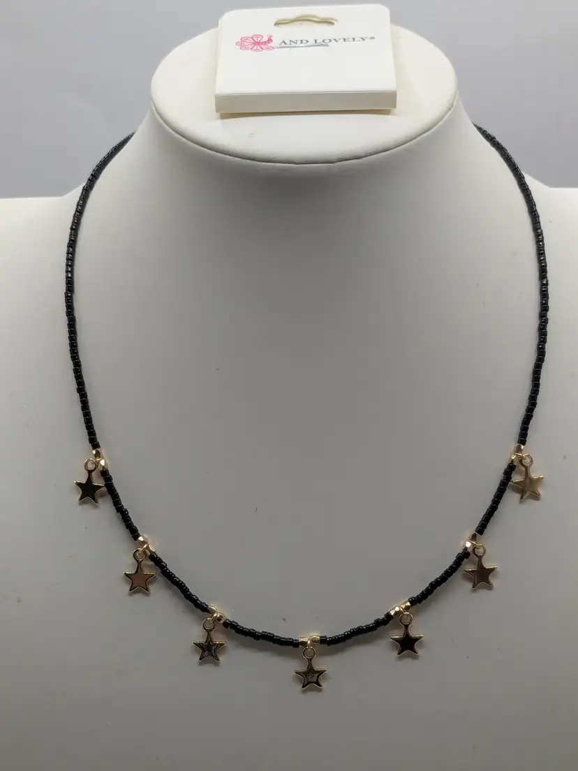 And Lovely Black Beaded Necklace with Gold Star Charms NWT