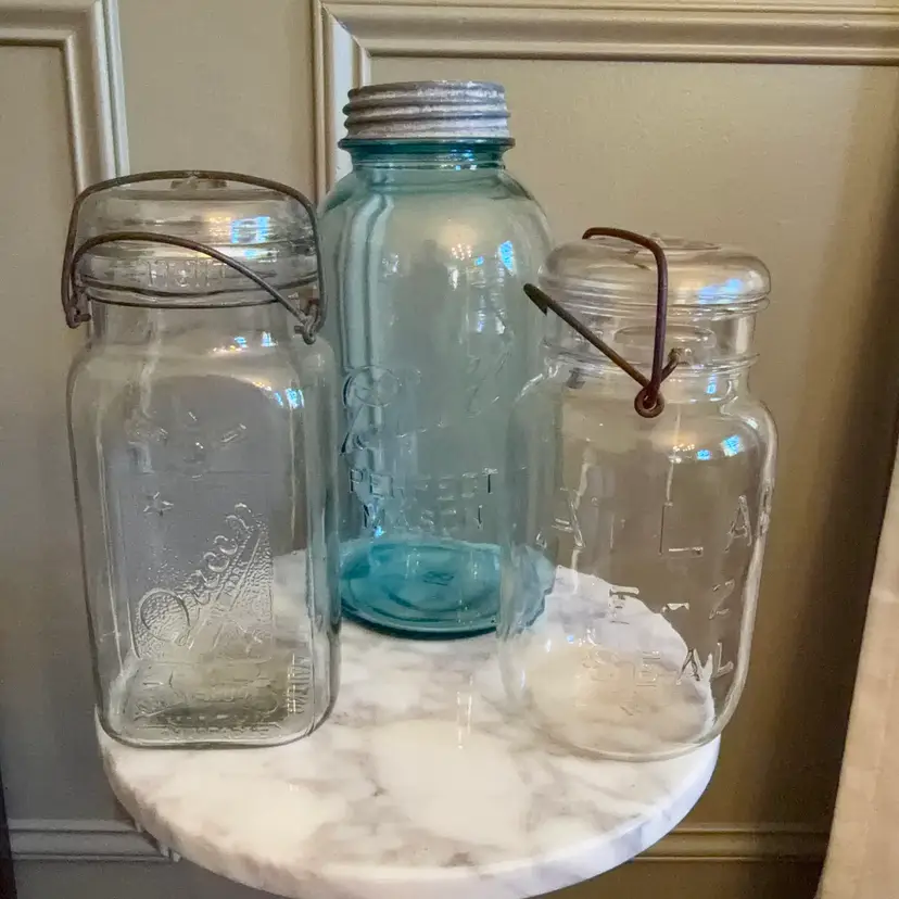 🔔 Lot of 3 Vintage Antique Glass Canning Jars Queen Ball Perfect Mason Atlas EZ Seal Wire Bail