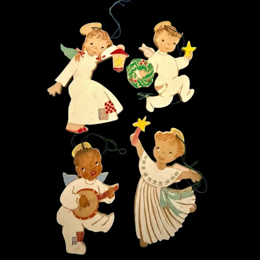 Vintage 1950s Die-Cut Cardboard Angel Christmas Ornaments - Lot of 4
3” - 3.75” T