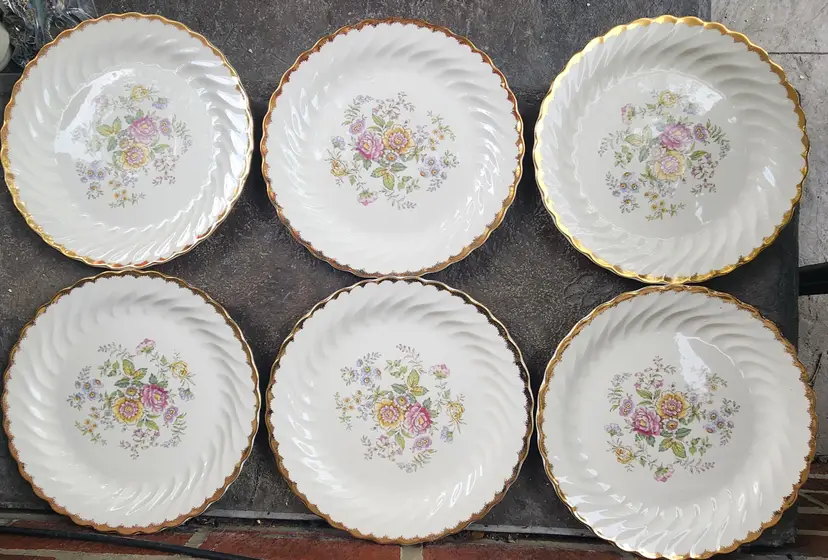 6 Vintage Royal China Floral Plates Warranted 22k Gold Edge 10”. 30s to 60s era
