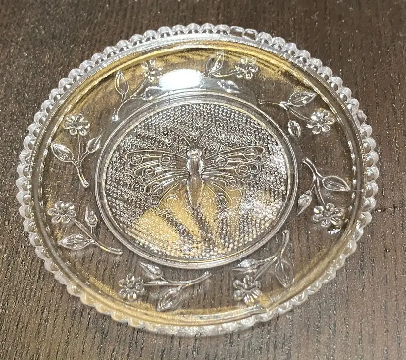 VTG Pressed Clear Glass Coaster Butter Pat Plate Butterfly Flowers