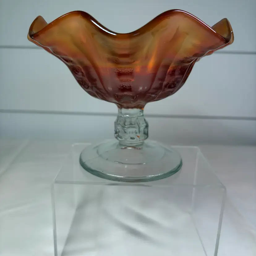 Vintage Marigold Carnival Glass Ruffled Compote On Clear Pedestal Base