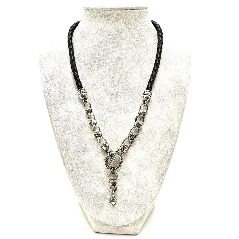 Brighton Black Braided Leather Silver Plated Toggle Necklace Hearts Signed 18”