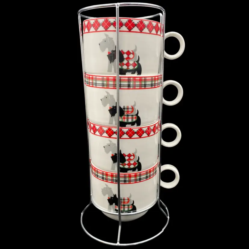 Grace Fine Porcelain "Scotty Dog Argyle" 4 Stackable Mugs w/Stand, Discontinued
