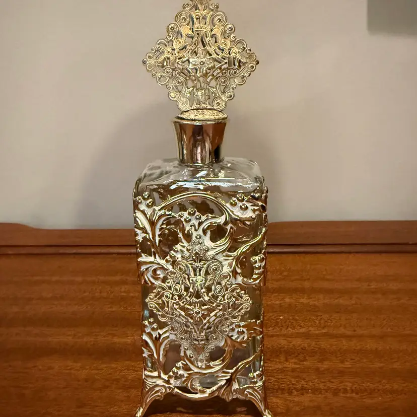 Hollywood Regency Glass Perfume Bottle with Gold-Tone Filigree