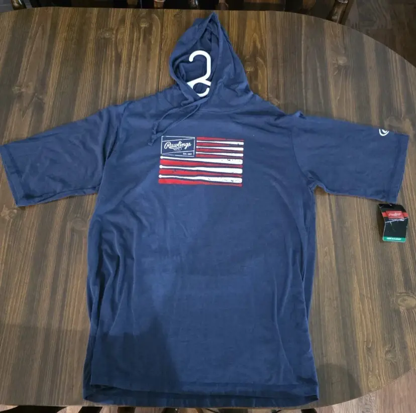 Rawlings Hooded Tee Blue Crew Size Adult Large Short Sleeves T24