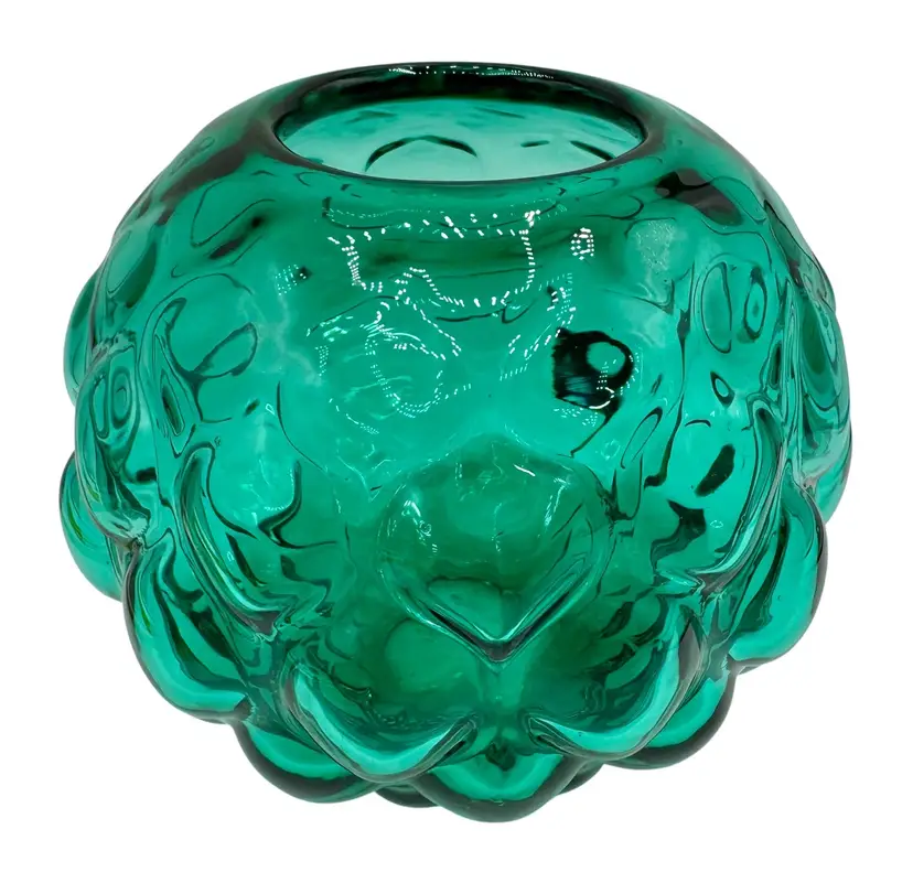 Art Glass Textured Round Globe Vase Quilted Teal Turquoise Blue Green 6.5”