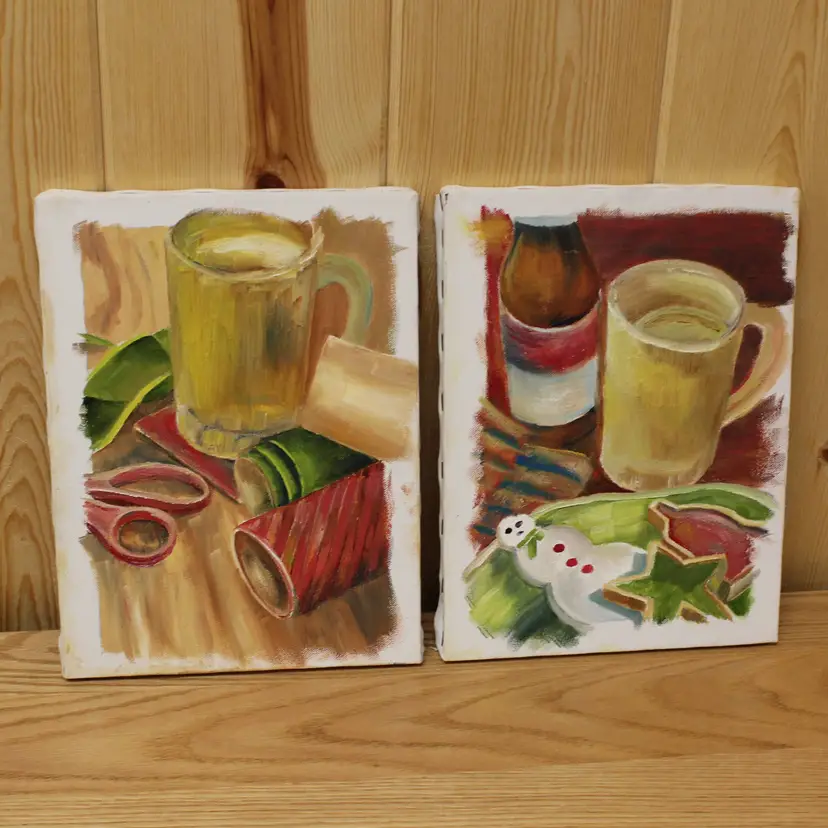 Pair of Abstract Christmas Holiday Paintings on canvas