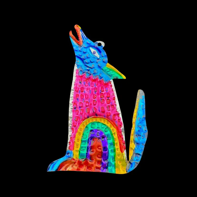 Vintage Mexican Folk Art Tin Coyote Ornament 5” Tall x 2.5” Wide