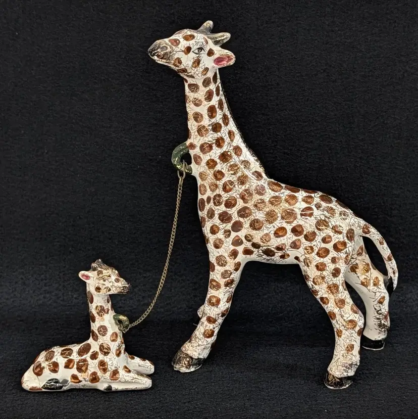 Vintage MCM Giraffe Family 50s-60s Japan Mom & Baby w/ Chain Connecting Gold