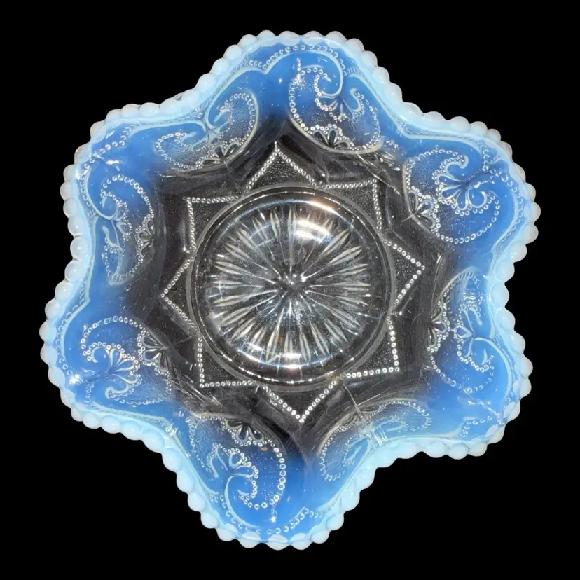 Antique Dugan Glass Jeweled Heart Opalescent Bowl  6”x2”