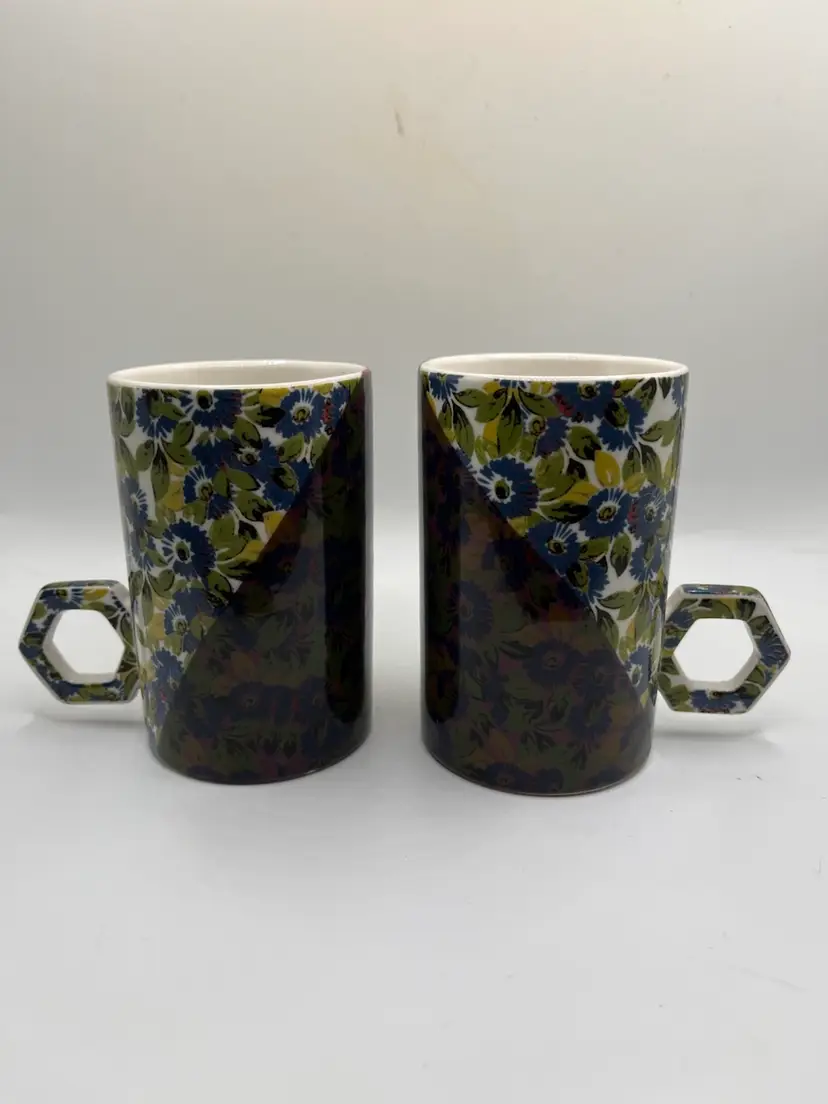 Anthropologie Irish w/ Floral Pattern Hexagon Handle #4630 Coffee Mug Set Of 2- Please Read The Description